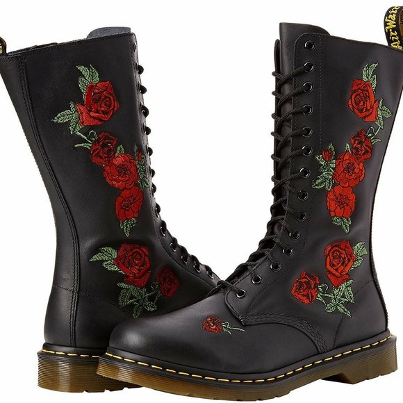 Dr. Martens Shoes - Dr. Martens Women's US 7 1914 Vonda Black Roses Softy T Leather 14-Eye Mid Calf